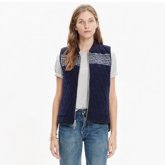 Madewell Blue/White Reversible Vest in Stripe Wool/Quilted Size Small EUC - Picture 1 of 15